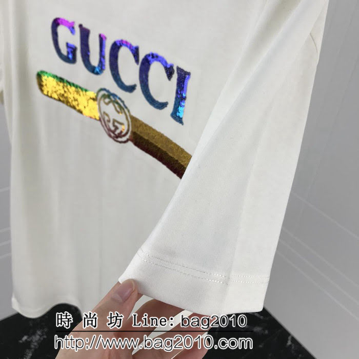 GUCCI古馳 19ss早春新款 燙金亮片LOGO短袖 定制原版珠片 水洗米白色 高版本情侶款 ydi2531